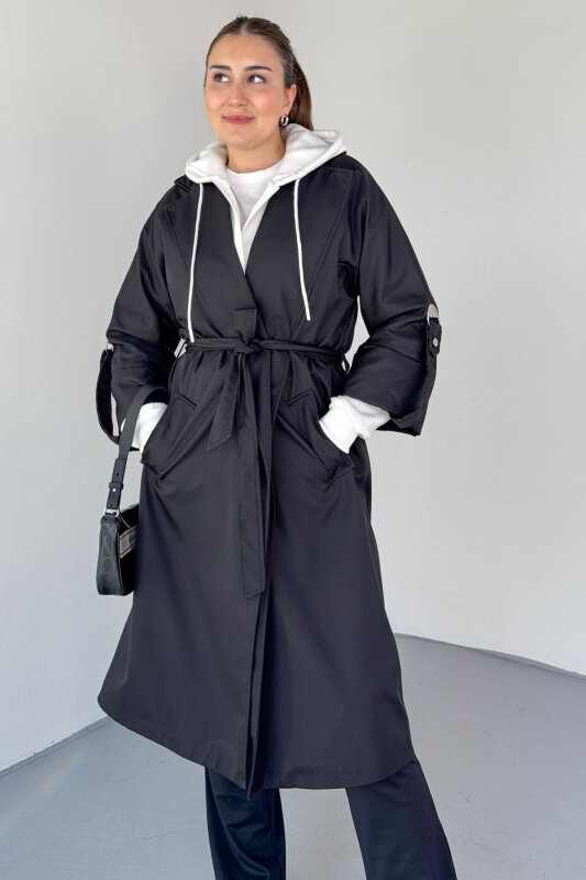 CKT-12461 Siyah Tasarım Katlama Kollu Kemerli Oversize Astarlı Trençkot - 3