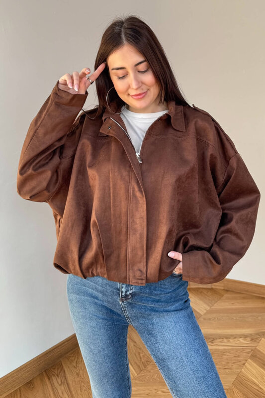CKT-12464 Acı Kahve Apoletli Astarlı Nubuk Oversize Ceket - 1
