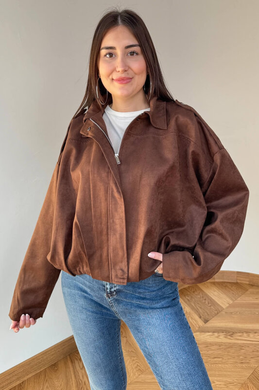 CKT-12464 Acı Kahve Apoletli Astarlı Nubuk Oversize Ceket - 2