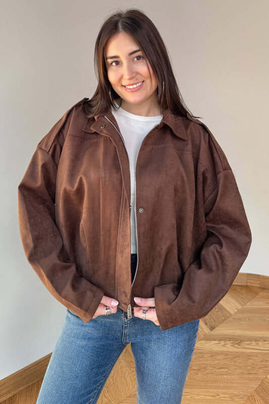 CKT-12464 Acı Kahve Apoletli Astarlı Nubuk Oversize Ceket - 3