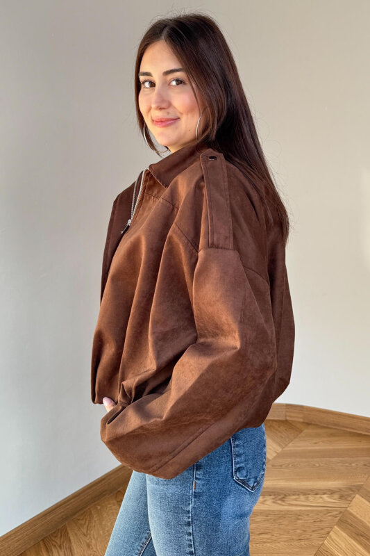 CKT-12464 Acı Kahve Apoletli Astarlı Nubuk Oversize Ceket - 4