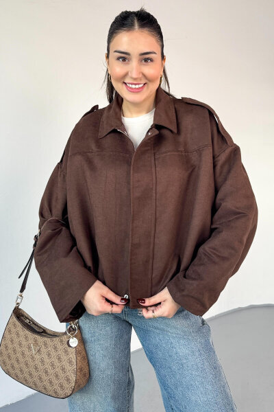 CKT-12464 Acı Kahve Apoletli Astarlı Nubuk Oversize Ceket 