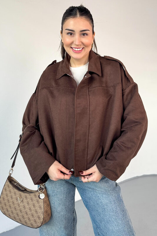 CKT-12464 Acı Kahve Apoletli Astarlı Nubuk Oversize Ceket - 1