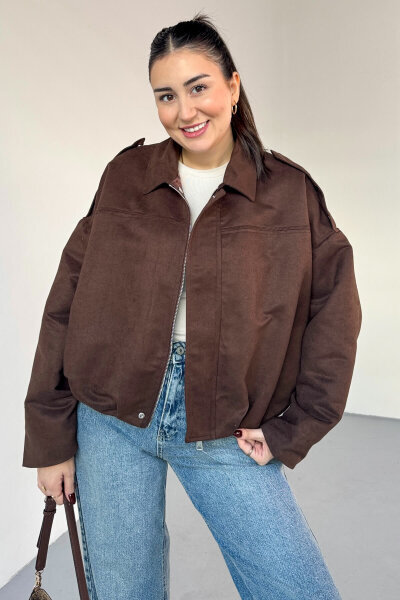 CKT-12464 Acı Kahve Apoletli Astarlı Nubuk Oversize Ceket - 2