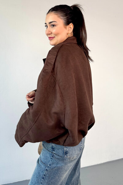 CKT-12464 Acı Kahve Apoletli Astarlı Nubuk Oversize Ceket - 4