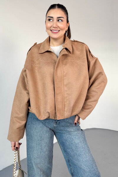 CKT-12464 Bej Apoletli Astarlı Nubuk Oversize Ceket - 2