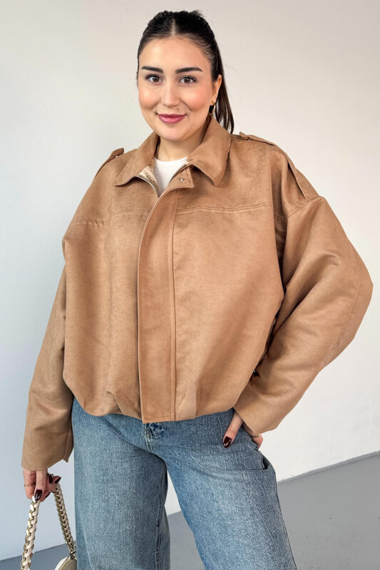 CKT-12464 Bej Apoletli Astarlı Nubuk Oversize Ceket - 4