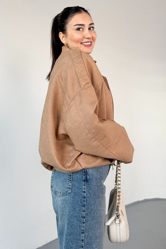 CKT-12464 Bej Apoletli Astarlı Nubuk Oversize Ceket - 3
