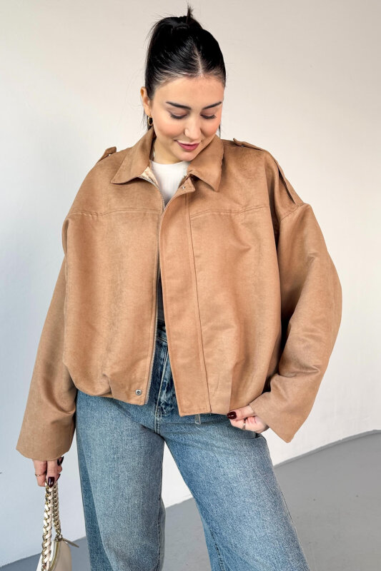 CKT-12464 Bej Apoletli Astarlı Nubuk Oversize Ceket - 1