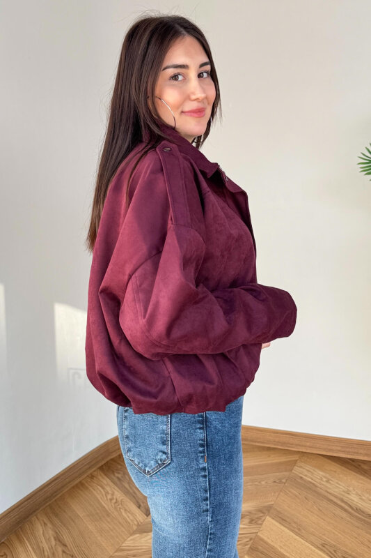 CKT-12464 Bordo Apoletli Astarlı Nubuk Oversize Ceket - 5