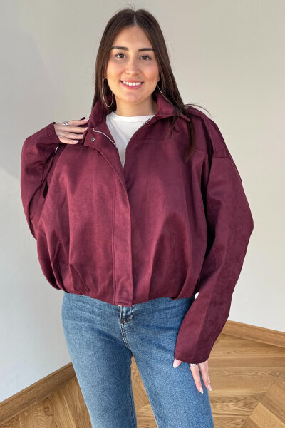 CKT-12464 Bordo Apoletli Astarlı Nubuk Oversize Ceket - 6