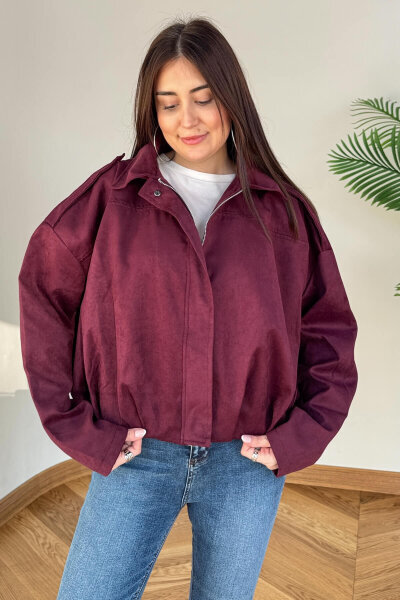 CKT-12464 Bordo Apoletli Astarlı Nubuk Oversize Ceket - 3