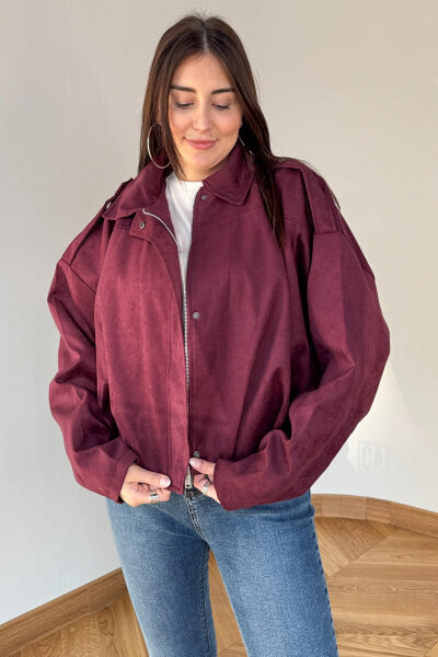 CKT-12464 Bordo Apoletli Astarlı Nubuk Oversize Ceket - Cappmoda (1)
