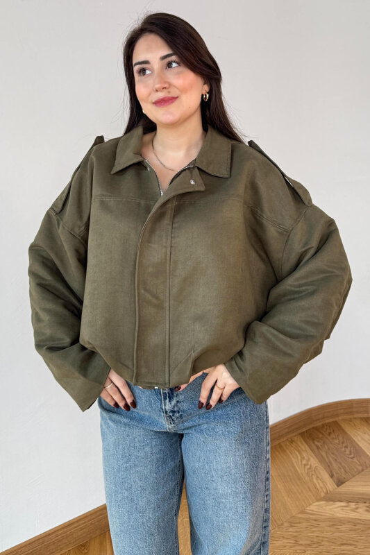 CKT-12464 Haki Apoletli Astarlı Nubuk Oversize Ceket - 1