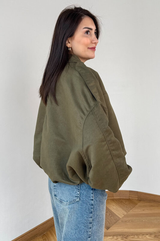CKT-12464 Haki Apoletli Astarlı Nubuk Oversize Ceket - 3