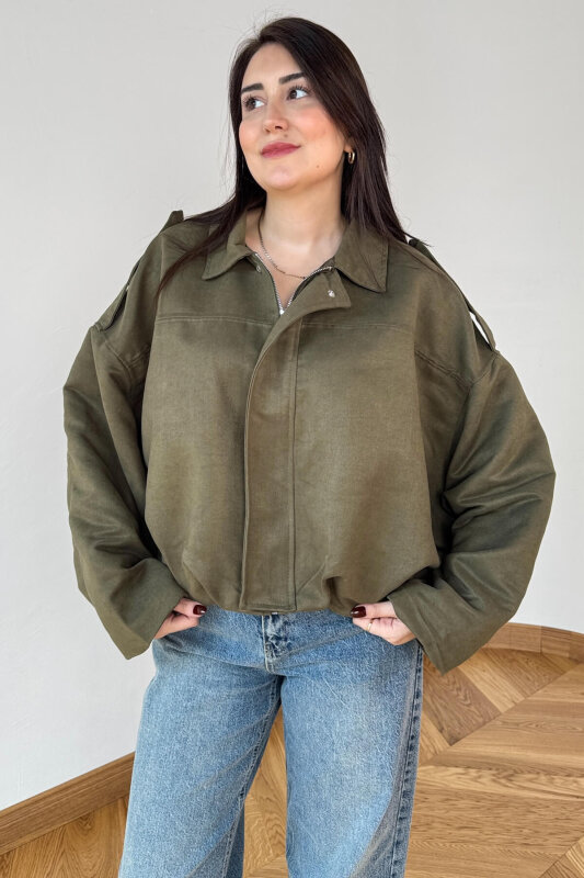 CKT-12464 Haki Apoletli Astarlı Nubuk Oversize Ceket - 4