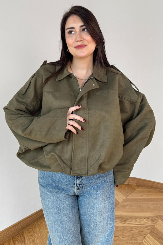 CKT-12464 Haki Apoletli Astarlı Nubuk Oversize Ceket - 2