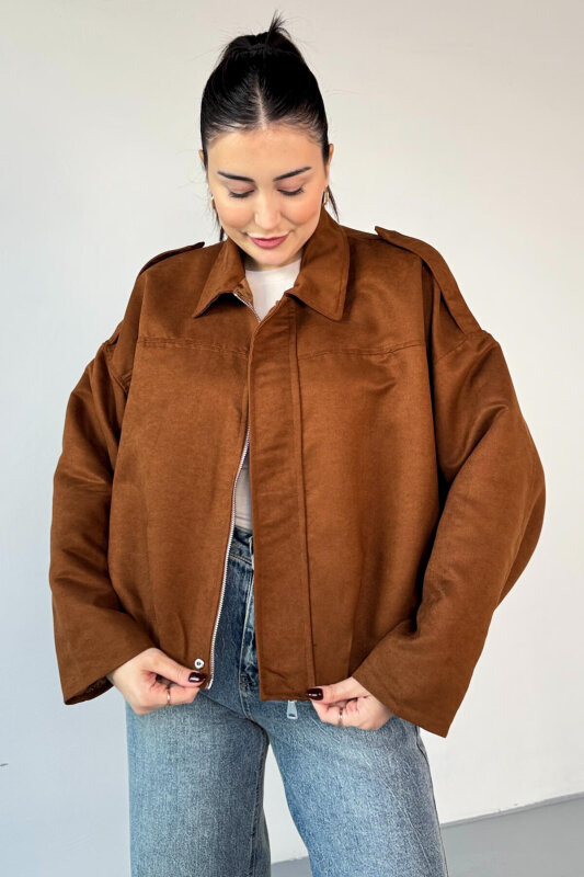 CKT-12464 Taba Apoletli Astarlı Nubuk Oversize Ceket - 2