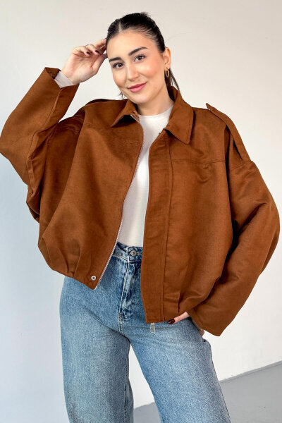 CKT-12464 Taba Apoletli Astarlı Nubuk Oversize Ceket 