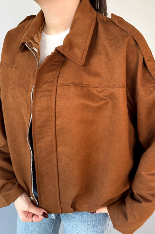 CKT-12464 Taba Apoletli Astarlı Nubuk Oversize Ceket - 3