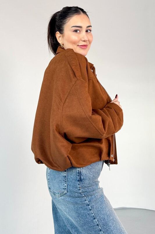 CKT-12464 Taba Apoletli Astarlı Nubuk Oversize Ceket - 4