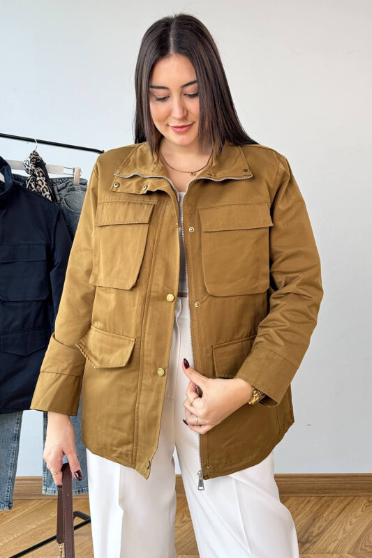 CKT-12465 Hardal Vatkalı Dik Yaka Fermuarlı Çıtçıtlı Körük Cepli Astarlı Mont - 1