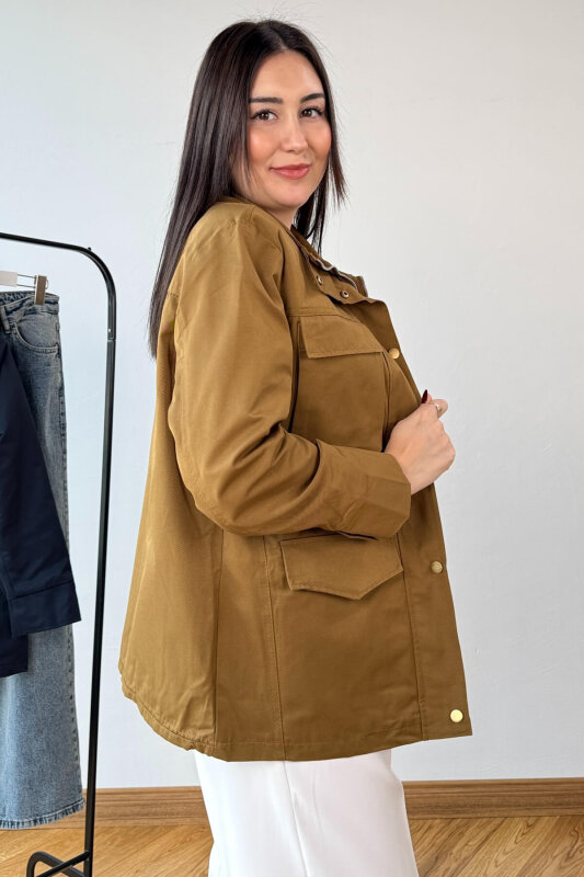 CKT-12465 Hardal Vatkalı Dik Yaka Fermuarlı Çıtçıtlı Körük Cepli Astarlı Mont - 5