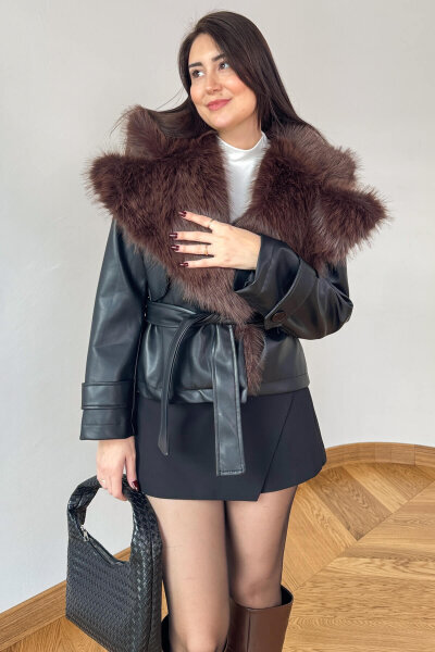 CKT-12471 Kahverengi Kürk Yakalı Astarlı Kemerli Suni Deri Ceket - Cappmoda
