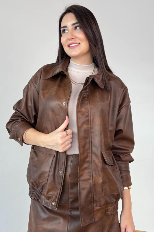 CKT-12472 Kahverengi Astarlı Fermuarlı Bel Lastikli Deri Ceket - 2