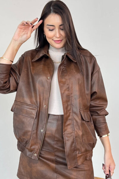 CKT-12472 Kahverengi Astarlı Fermuarlı Bel Lastikli Deri Ceket - 3