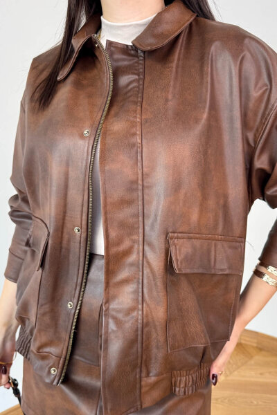 CKT-12472 Kahverengi Astarlı Fermuarlı Bel Lastikli Deri Ceket - 4