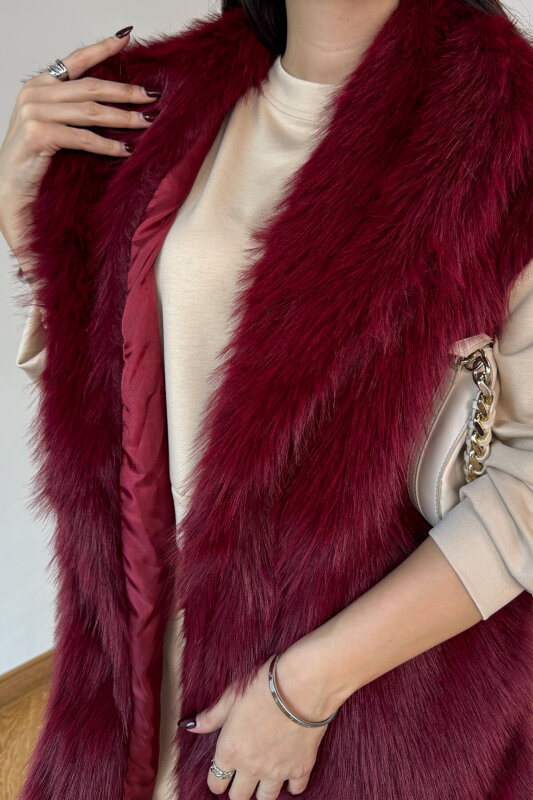 CKT-12473 Bordo Yaka Detaylı Astarlı Soho Winter Kürk Yelek - 2