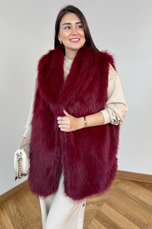 CKT-12473 Bordo Yaka Detaylı Astarlı Soho Winter Kürk Yelek - 1
