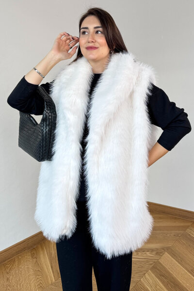 CKT-12473 Ekru Yaka Detaylı Astarlı Soho Winter Kürk Yelek - 2