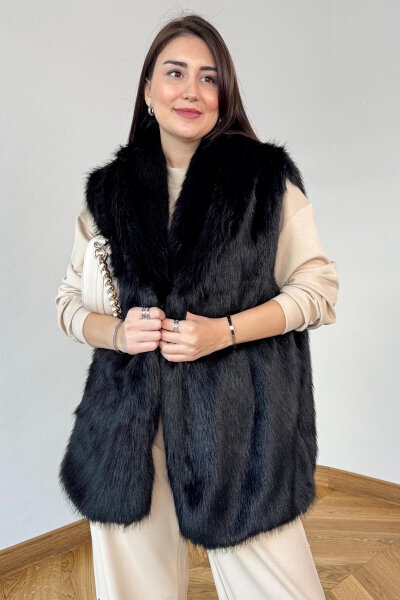 CKT-12473 Siyah Yaka Detaylı Astarlı Soho Winter Kürk Yelek 