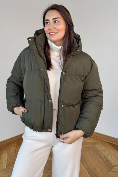 CKT-12475 Haki Kapüşonlu Bel Lastikli Şişme Mont - 4