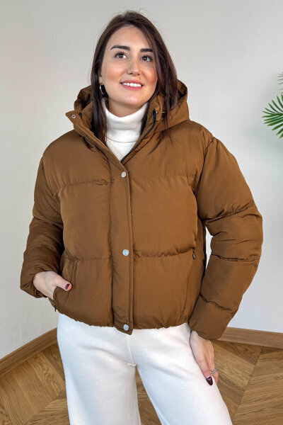 CKT-12475 Kahverengi Kapüşonlu Bel Lastikli Şişme Mont - Cappmoda (1)