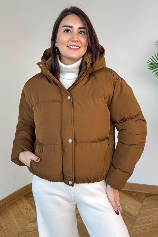 CKT-12475 Kahverengi Kapüşonlu Bel Lastikli Şişme Mont - 2