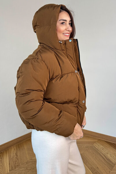 CKT-12475 Kahverengi Kapüşonlu Bel Lastikli Şişme Mont - 3