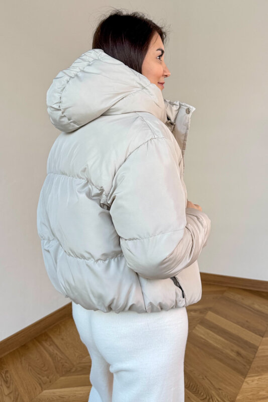 CKT-12475 Taş Rengi Kapüşonlu Bel Lastikli Şişme Mont - 4