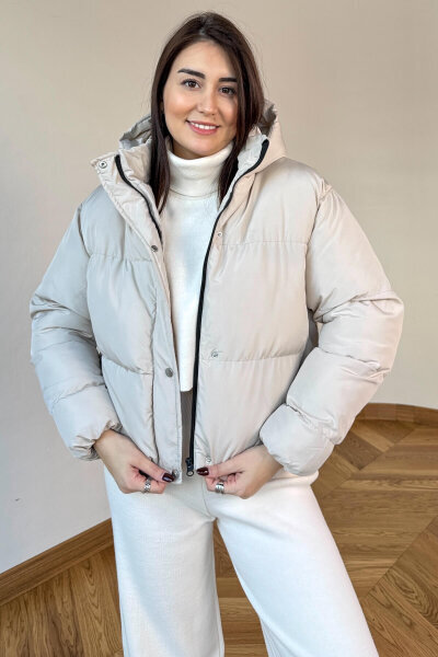 CKT-12475 Taş Rengi Kapüşonlu Bel Lastikli Şişme Mont - 5