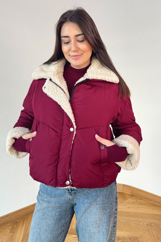 CKT-12476 Bordo Kürklü Astarlı Şişme Mont - 4