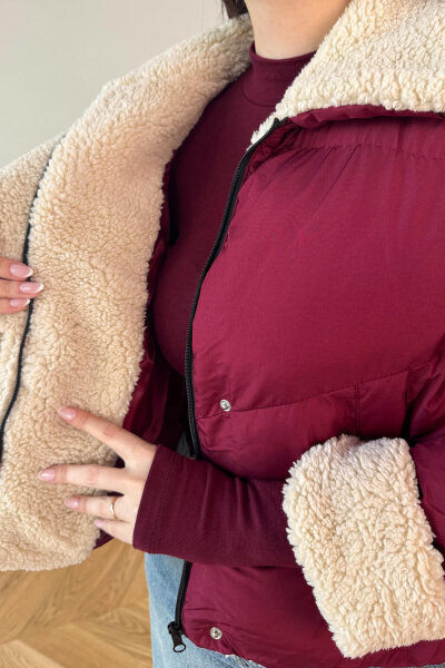 CKT-12476 Bordo Kürklü Astarlı Şişme Mont - 5