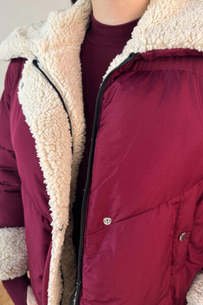 CKT-12476 Bordo Kürklü Astarlı Şişme Mont - 3
