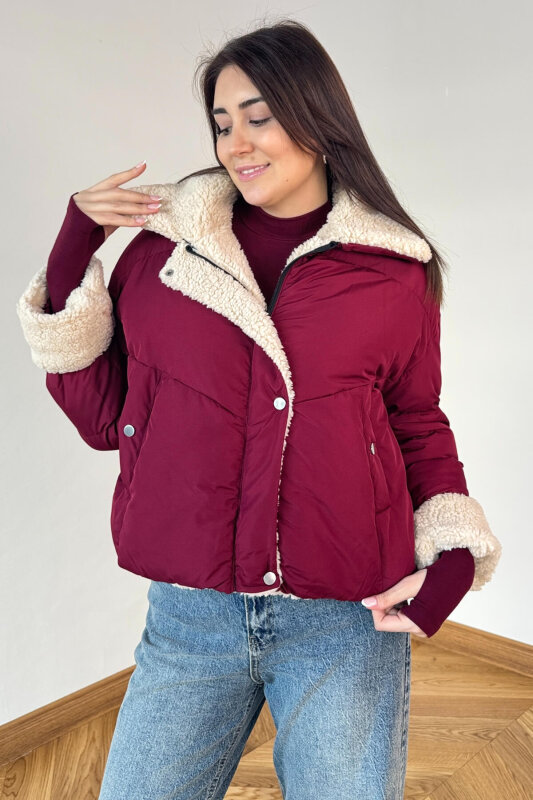 CKT-12476 Bordo Kürklü Astarlı Şişme Mont - 1