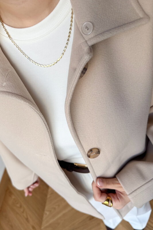 CKT-12478 Bej Çıkarılabilir Kürklü Premium Kaşe Kaban - 5