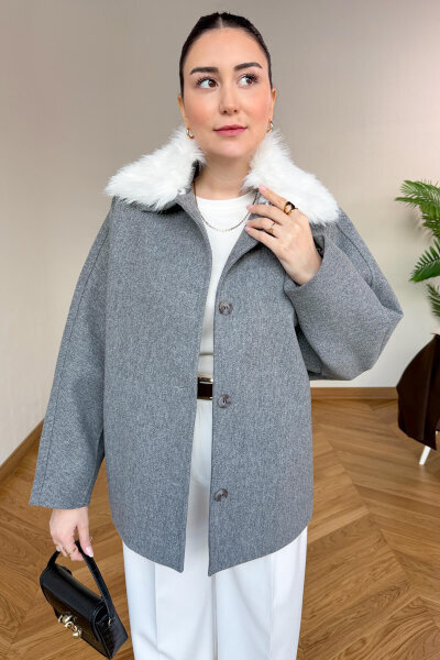 CKT-12478 Gri Çıkarılabilir Kürklü Premium Kaşe Kaban - Cappmoda