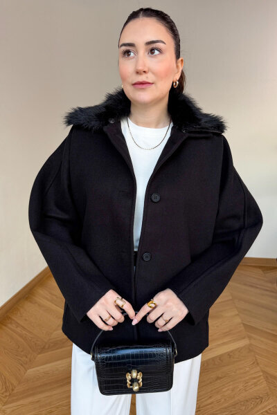 CKT-12478 Siyah Çıkarılabilir Kürklü Premium Kaşe Kaban - Cappmoda