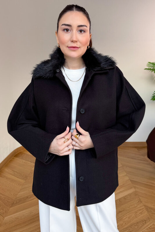 CKT-12478 Siyah Çıkarılabilir Kürklü Premium Kaşe Kaban - 2