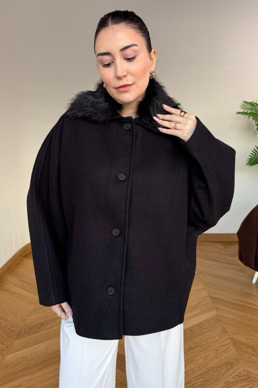 CKT-12478 Siyah Çıkarılabilir Kürklü Premium Kaşe Kaban - 3